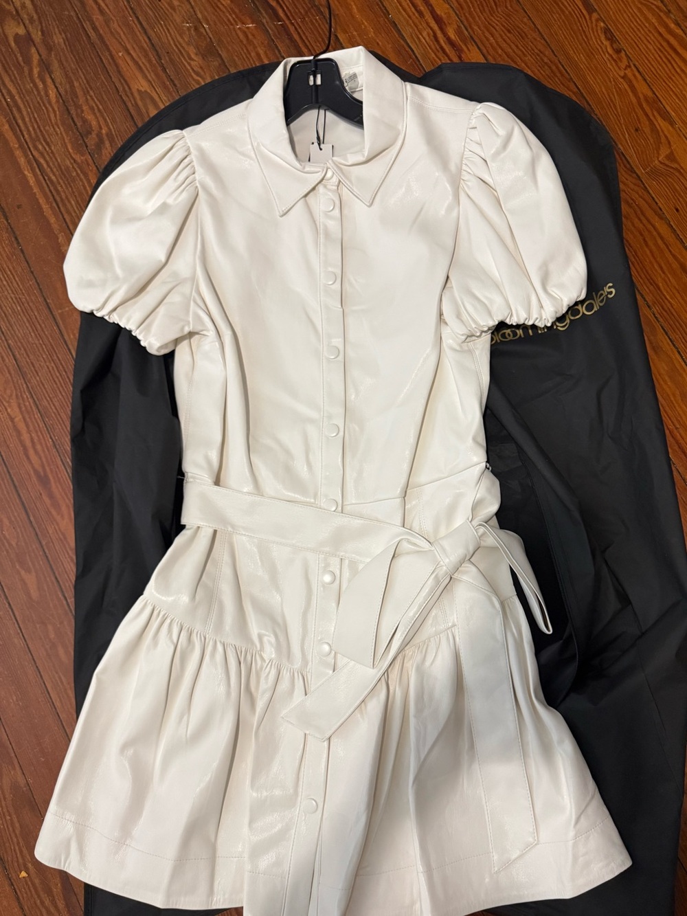 NWT Alice + Olivia Miranda Faux Leather Tiered Shirt Dress Off White 10 $495